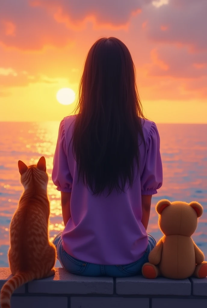 Create an image.. indian girl age 34 with straight hair untill middle body length. Wearing purple puffed sleeve blouse. sitting on a wall with a teddy bear on right hand side and a orange cat on left side. All Facing a sunset by the seaview. This image is ...