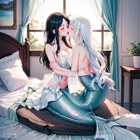 "A captivating and intimate portrayal of love and desire, showcasing 2 mermaid women with very flowing white and black locks and both with white mermaid tails embracing in a passionate and unadorned kiss. they radiate a sense of vulnerability and beauty in...