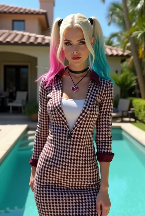 Harley Quinn is wearing a fitted dress with houndstooth print, long sleeve and collar, transparent white mesh panel around the neck, Harley Quinn heart-shaped pendant necklace at her luxury home next to her pool.