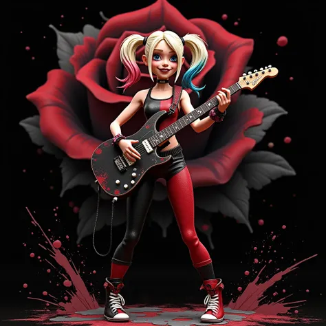 Harley Quinn is holding an electric guitar, against a black background with red and grey paint splatters and a large, symbolic illustration of a rose, her whole body is an animated version, and her eyes are painted black.