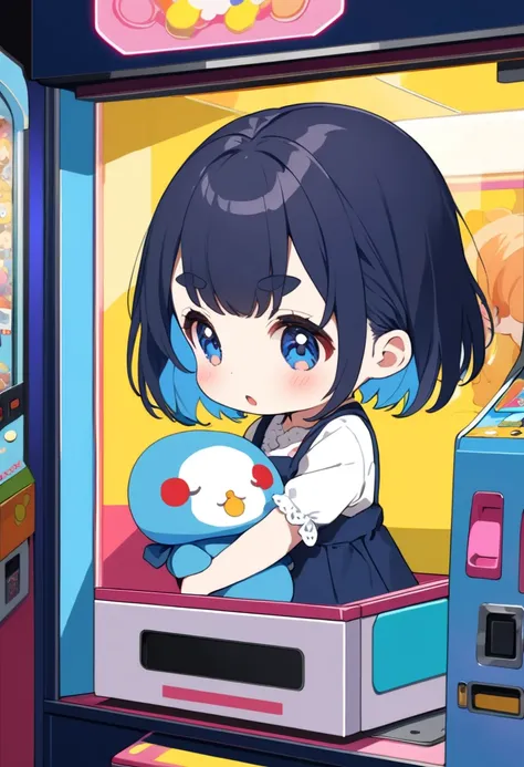 (masterpiece, best quality),popart,A cute Japanese anime-style, (masterpiece, best quality), 
(the girl is a prize in a crane game. girl is being carried by the arm of the crane.),solo,
(chibi girl),toddler,
(darkblue hair,sleek wavy-short hair,bold eyebro...