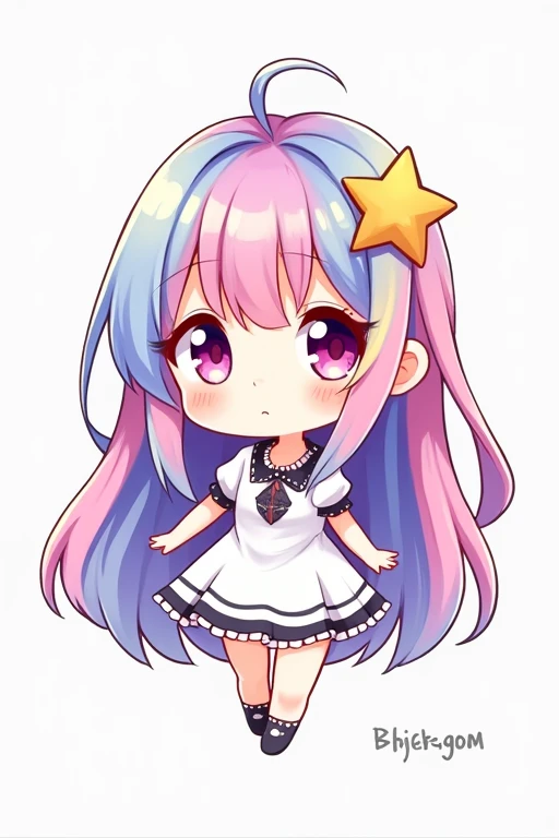 masterpiece, best quality, official art, ultra detailed, chibi, 1girl, , rainbow hair, multicolored hair, long hair, solo, dress, star hair ornament, star, bangs, gradient hair, artist name, gradient, smile, closed mouth, full body, white background,