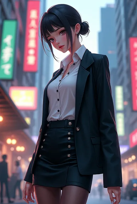 Girl in stockings, black straight skirt,  shirt with black buttons and jacket.