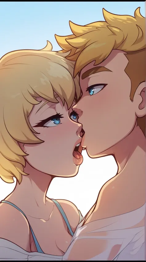 Crie 18+,  2girl, kiss, blonde hair, short hair,without shirt, blue eyes, opened mouth, off shoulder,perfect lips, alguém gozou em seu rosto e o semem escorreu pelo nariz e boca, looking to the side, transparent shirt, letterboxed, portrait, cartoon