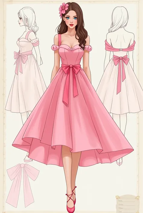 Fashion design, in color, female model, wearing coquette style dress with bow decoration, pink dress, blueprint, The model is drawn according to standard body proportions