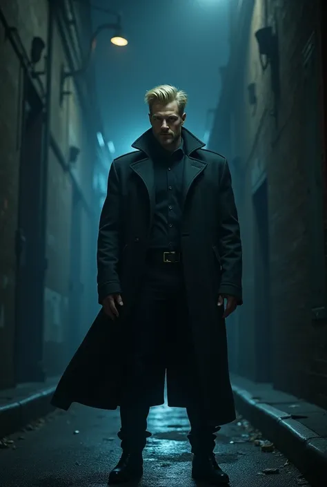 A handsome tall blond man with blue eyes. transmits power, danger and safety . In a dark alley at night.