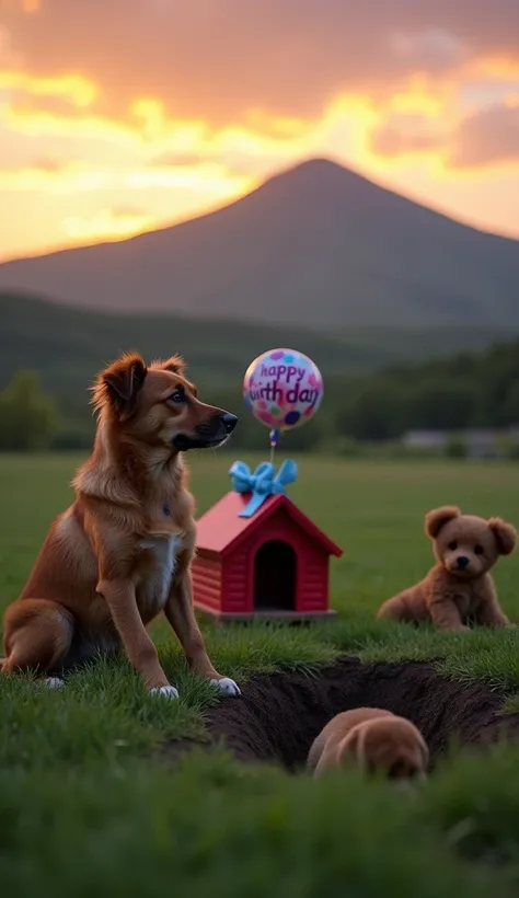 A sad-looking dog ,  lies sitting on a green grass field at dusk ,  staring intently at a small hole dug in front of him ,  where the body of his little puppy ,  it is not possible to see his face, Just the puppys back. In the background,  a beautiful and ...