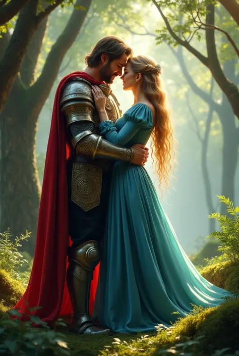 A medieval warrior kissing a princess in the forest