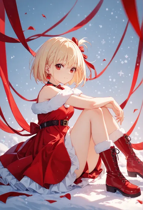 1girl, nishikigi chisato, red eyes, blonde hair,solo, red santa dress, dress, hair ribbon, looking at viewer, jewelry,, red ribbon, ribbon, bangs, earrings, boots, short hair, 