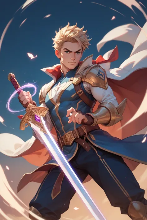 a hero holding a magic sword and grimoire scroll