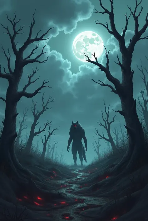  A bleak and desolate landscape under a cloudy sky . The wind rocks dry trees ,  and the full Moon is partly covered by clouds.  The scene is illuminated by a faint blue glow .
 with a werewolf in the background with red eyes 