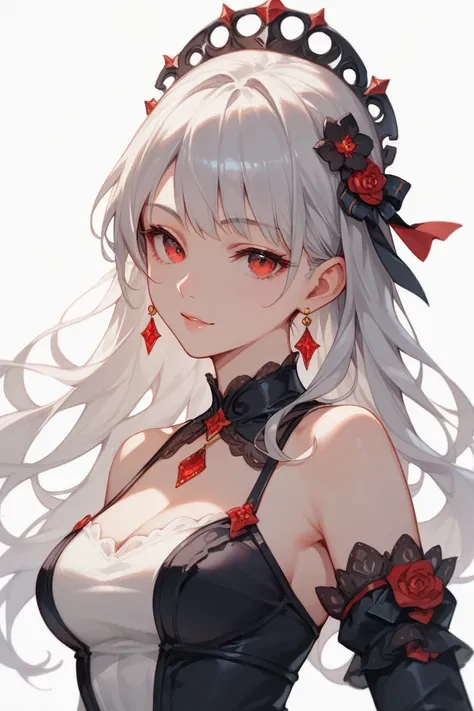 1 female, pretty, dress, bust, White background,  long silver hair , red eyes