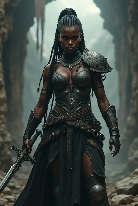 a woman warrior, black, with braids,  holding a sword. No estilo dark fantasy