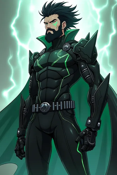 Create an anime-style image of a male with beard villain king , but with a futuristic and cybernetic twist. Thundra is a tall, muscular character with a sharp, intense expression and wild, dark hair similar to Erens. Half of his face and body are covered i...