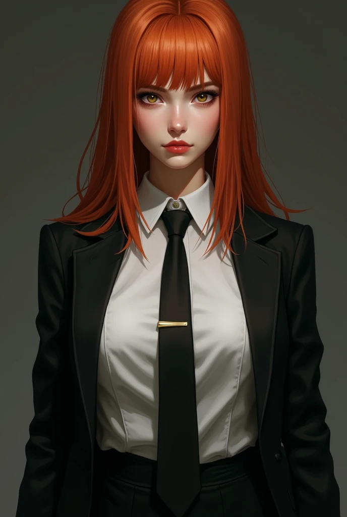 Hair: She has straight, shoulder-length red-orange hair, always well-kept.
Eyes: Her light brown eyes have a cold, calculating look, often giving her a calm yet unnerving presence.
Outfit: Makima dresses in a white button-down shirt, black tie, and a skirt...