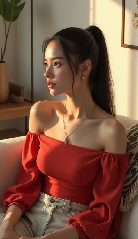 prompt : A young woman with long, dark hair tied back in a sleek ponytail sits comfortably on a plush sofa adorned with a patterned throw. She is dressed in a vibrant red, off-the-shoulder top that accentuates her relaxed posture. A delicate necklace with ...