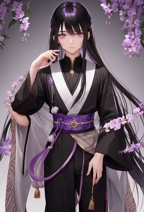 male,juvenile, long hair, neutral, slender,Beautiful,Bangs that hide the left eye, black hair,Hairstyle with steps , purple eyes,Jewel Eyes,Iridescent iris,pants, black shirt,蠱惑的な美juvenile, almond-shaped eyes ,Droopy eyes, Japanese,Baby Face, wolf cut hair