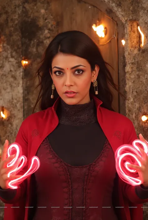 Create an image of Kajal Aggarwal as Scarlet Witch. She is wearing a dark red outfit with a glowing crimson cloak, and her hands are surrounded by swirling red magical energy. The underground setting is chaotic, with flames and magical energy bursts illumi...