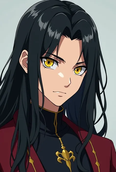 anime, a young man, white skin, he is from russian world, he is handsome leader, he has beautiful stunnig yellow big eyes, he has long straigth black hair, his face is strong and his facial features are strong, he is the most beautiful face existed, he is ...