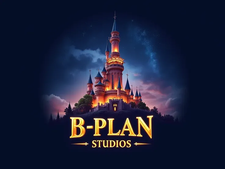 "A Disney-style logo featuring the iconic Galata Tower as the centerpiece. The text B-PLAN STUDIOS is displayed in bold, shimmering gold letters beneath the tower. The design incorporates soft, elegant curves and a magical atmosphere, with a starry night s...