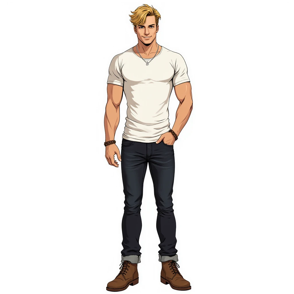 A full-length guy on a simple white background in the style of a comic book. A tall and athletic young man with confident but at the same time approachable manners. He has tousled blond hair that falls carelessly over his forehead, framing his strong, chis...