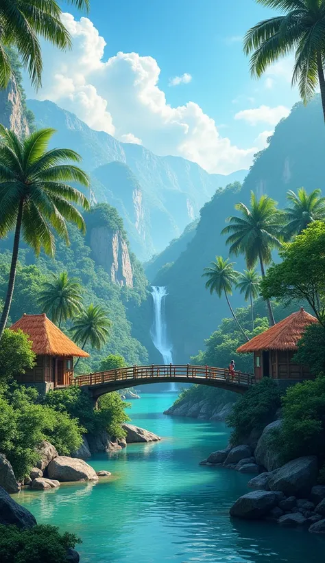  A stunning tropical landscape with dense forests full of towering coconut trees ,  a clear flowing river with boulders along its banks . Around the river ,  houses traditional orange-colored thatched roof nestled among lush green trees.  The background fe...