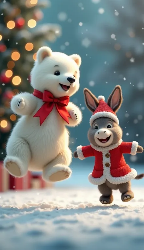 Create a realistic and extremely cute Christmas-themed image. In the scene, a beautiful white polar bear with a soft, voluminous coat jumps happily with a red satin ribbon bow around its neck. The bear has a sweet and playful expression, radiating joy as h...