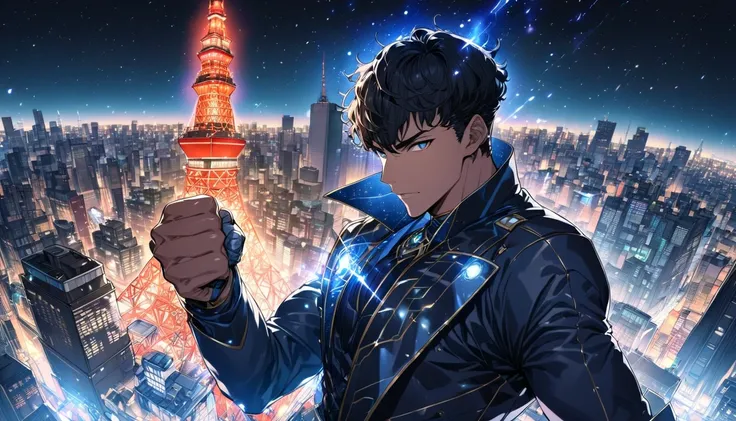 An anime-style illustrated portrait of a handsome young man dressed as a hero pumping his fist in the air while looking down on Tokyo Tower.
The background is detailed and ultra-realistic, and the cityscape overlooking Tokyo Tower is illuminated with glitt...