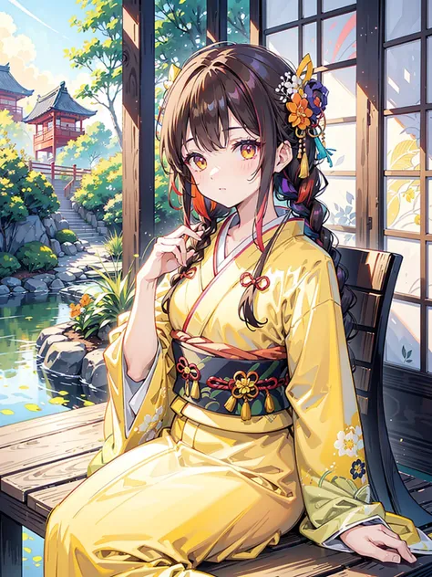  brown hair 、Yellow Eyes、Highlight on eyes、 braids、 kimono、Wearing a kimono、Hairpin、Sit upright、I can see the garden、Mansion、Japanese tea 、 red gradient color、 blue gradient color、yellow gradient color 、green gradient color 、 purple gradation color、light b...