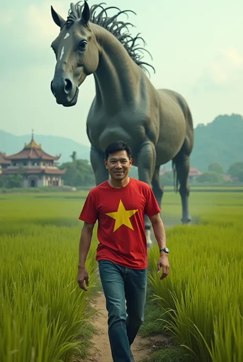 Surreal image of a man wearing a Vietnamese flag t-shirt, confidently walking on a rice field, followed by a giant monster horse