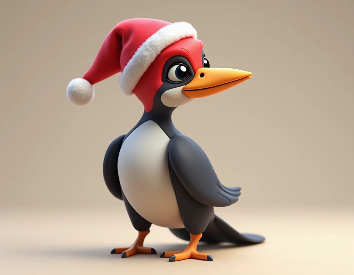 Create a cartoon-style woodpecker ( full body, Black-feathered ,  white-breasted and red-headed), wearing a christmas hat, 3d