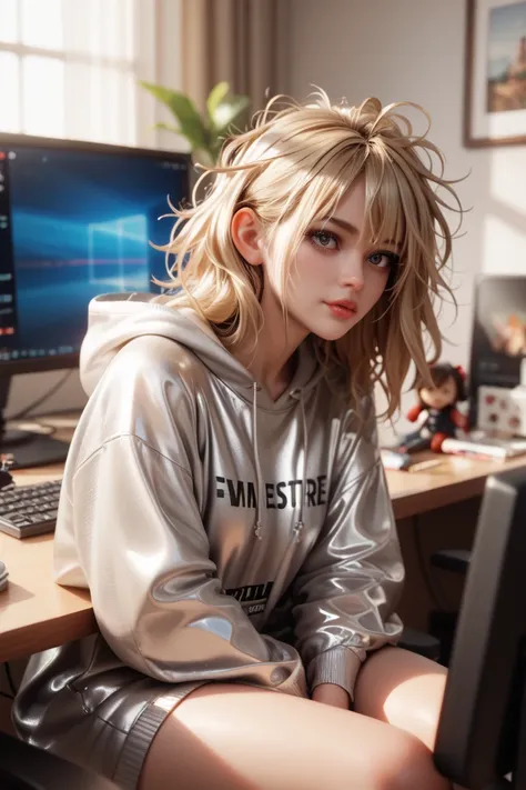  1 girl,  in extremely tight shiny silver latex sweatshirt with hood are in the apartment and sitting at the computer,  messy hair at the cinema,  blonde hair , Lens reflection,  reflecting light ,  high resolution ,  masterpiece, Girl sitting at the table...