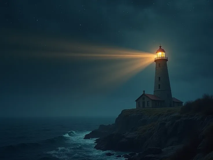 lighthouse at the side of the picture that radiates light into the dark sea of the universe