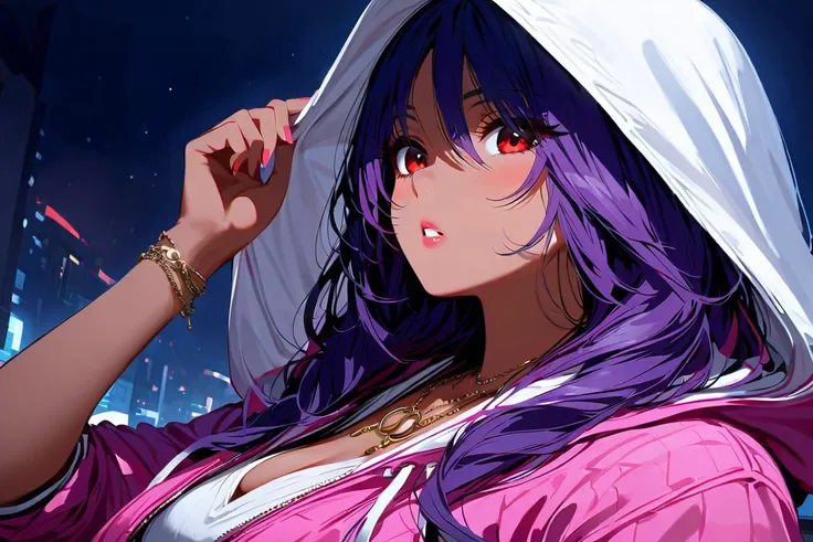 (masterpiece, best quality:1.2), 1 girl, alone, tanned skin, gyaru woman, eyeliner, veil, cloth face mask, detailed beautiful glistening red eyes, zip-up hoodie over head, night time, (from below: 1.1), shadow over face