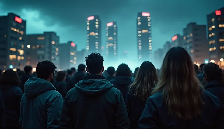 "A tense and eerie atmosphere, a crowd of worried citizens gathered outside their homes, all gazing upward with fear and confusion. The background features futuristic skyscrapers with glowing neon lights, towering against a dark and stormy sky. The scene i...