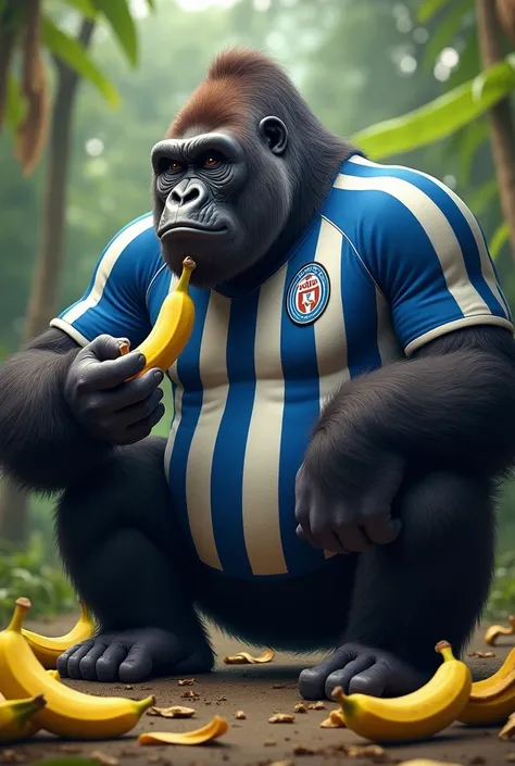 Gorilla wearing blue and white striped soccer jersey who is eating bananas