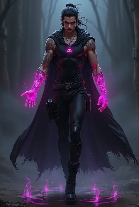 A striking male superhero with a lean, dancer-like build (55", 150 lbs), standing in a mysterious, shadowy environment. He has long black hair tied into a low ponytail, and striking pink irises that exude calm intensity without glowing. His outfit combines...