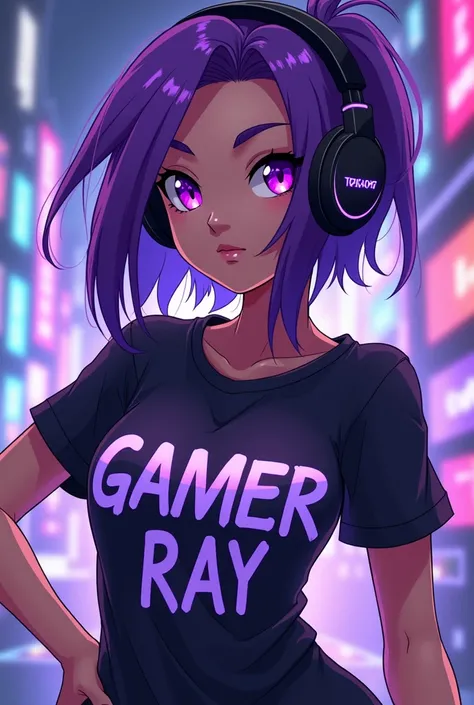 Generate a gaming anime girl showing his T-shirt on which Gamer Shanvi Ray written much look like as raven of teen Titans go