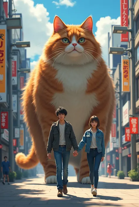 a jepang women wearing a jacket and jeans walks hand in hand with a giant cat brown