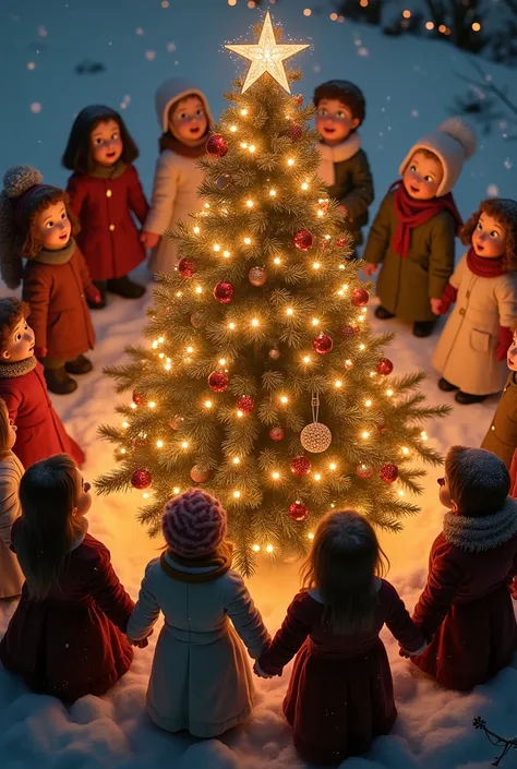 a group of people holding hands in a circle around a large Christmas tree, detailed facial features, beautiful detailed eyes, beautiful detailed lips, extremely detailed faces, long eyelashes, warm holiday atmosphere, glowing Christmas lights, snow falling...