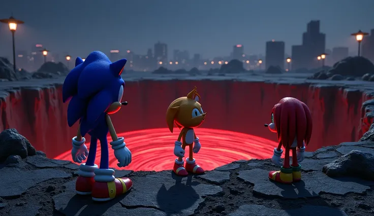 Depict Sonic and his friends standing at the edge of a massive crater in the middle of the city. The ground is scorched and cracked, with faint red and black glowing lines radiating outwards. Sonic stands at the forefront, looking determined, while Tails a...