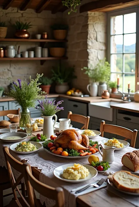 The cozy countryside kitchen exudes vintage charm, its stone walls adorned with wooden shelves lined with ceramic jars, copper pots, and woven baskets brimming with dried herbs. Above, beams hold bundles of lavender and rosemary, filling the air with their...