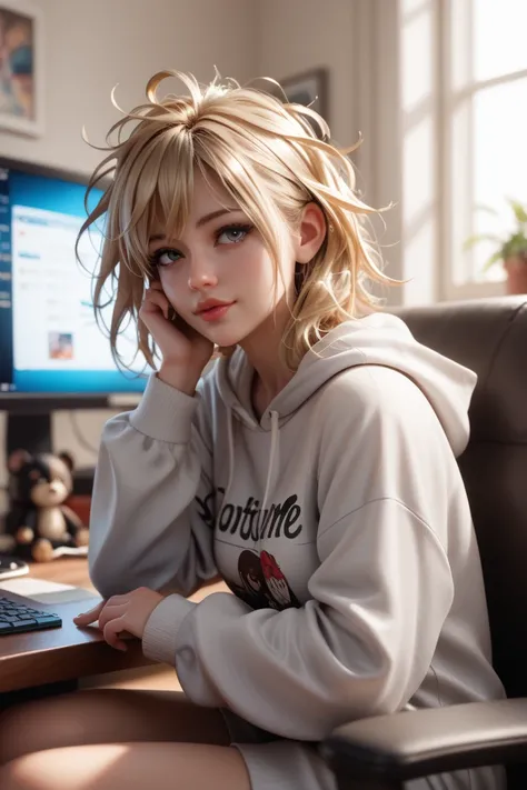  1 girl,  in extremely tight shiny silver latex sweatshirt with hood are in the apartment and sitting at the computer,  messy hair at the cinema,  blonde hair , Lens reflection,  reflecting light ,  high resolution ,  masterpiece, Girl sitting at the table...