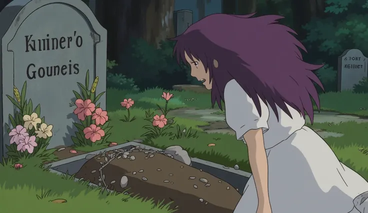 a witch holding back tears in front of her grave, a beautiful witch, a purple-haired witch, fairytale, , a sad but bearable face, Beautiful scenery, the Middle Ages, Low angle