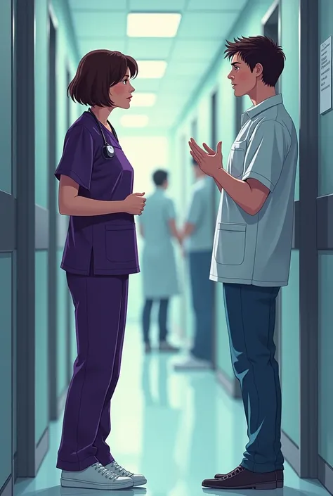 Illustration of Wandee, a middle-age asian female assistant nurse with short brown hair, is wearing dark purple scrub and white sneakers, standing in a corridor at work, hearing a colleague comment on the staffing shortage. The colleague’s words are harsh,...