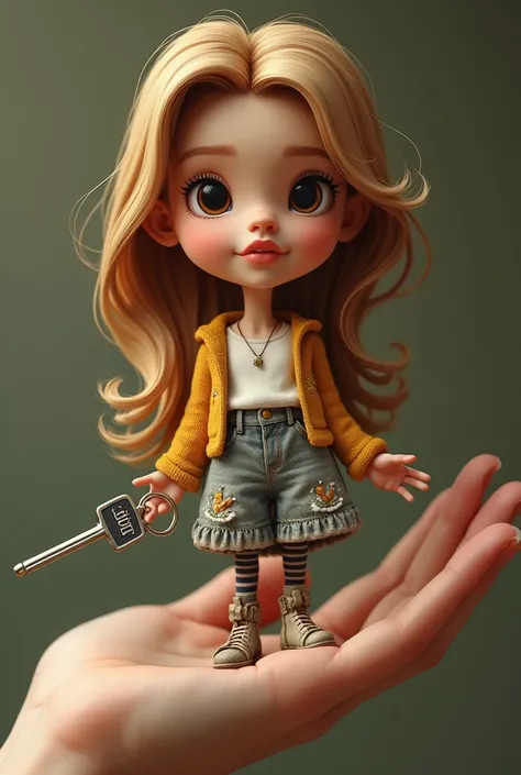 Girls " 3D caricature of a girl, key chain in the palm of the hand. High-quality realistic photo, and there is the name "vikart" in 3D letter style, embossed and realistic, in black yellow, indium white and black, 