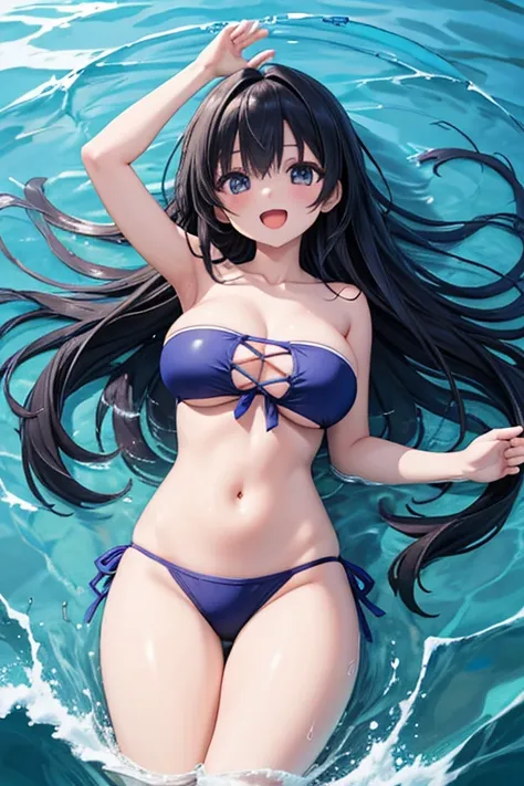 1 girl, anime screencap,score_anime, best quality, masterpiece, ultra high res, cute, cowboy shot, shiny skin, bandeau bikini, (navel:1.2), midriff, bare stomach, gigantic breasts, long hair,  floats on water, on back, smile, open mouth,sea,