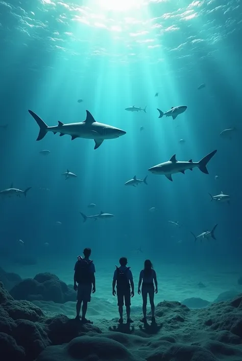 A plain in a deep sea and the sharks around there and the people inside watching there