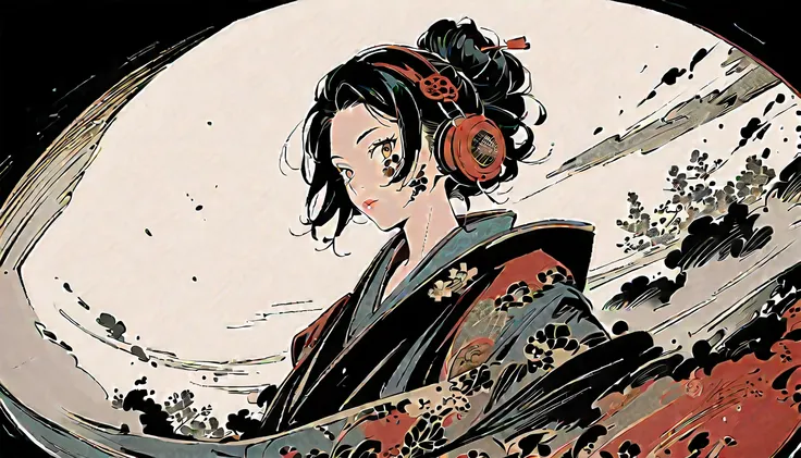 fisheye, Ink Painting, (((1 girl))), (((Tattoo on face))), sunglasses, Japanese style headphones, beautiful girl, Black Hair, Delicate and precise, Modern ukiyo-e style, Dark image