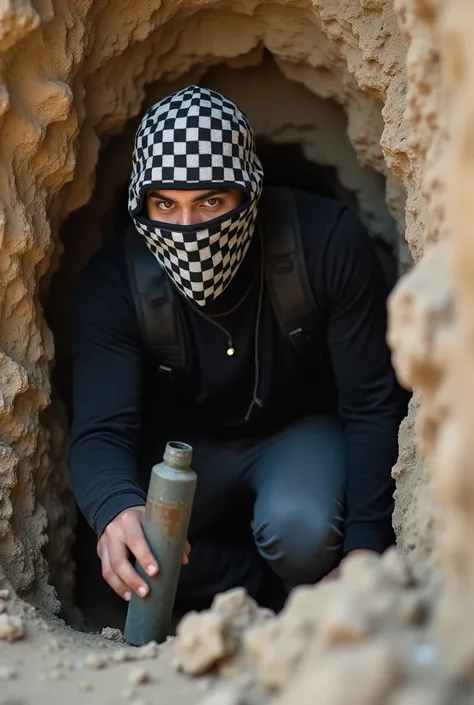 Palestinian man, very small checkered hood with black and white color combination,Mask with a very small checkered pattern with a combination of black and white,Bulletproof vest,Black long sleeve casual t-shirt,Gray 3/4 pants,Lurking from a hole in the gro...